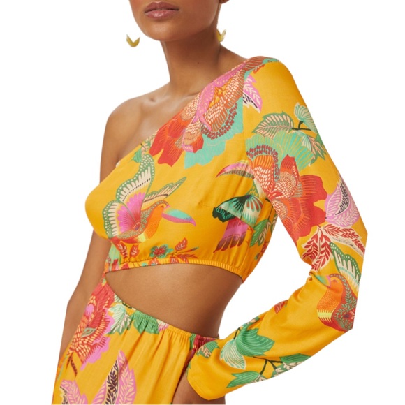 HP 🎉 Farm Rio x Anthropologie One-Shoulder XS Pet Yellow Pink Floral Print Midi - Picture 2 of 5